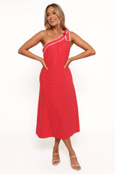 Brynlee One Shoulder Midi Dress - Red/White